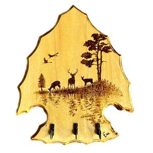Handmade key holder, wood wall art pyrografy, deer theme